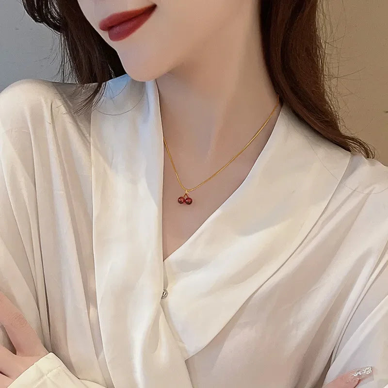 Little Wine Red Cherry Pendant Necklaces For Women