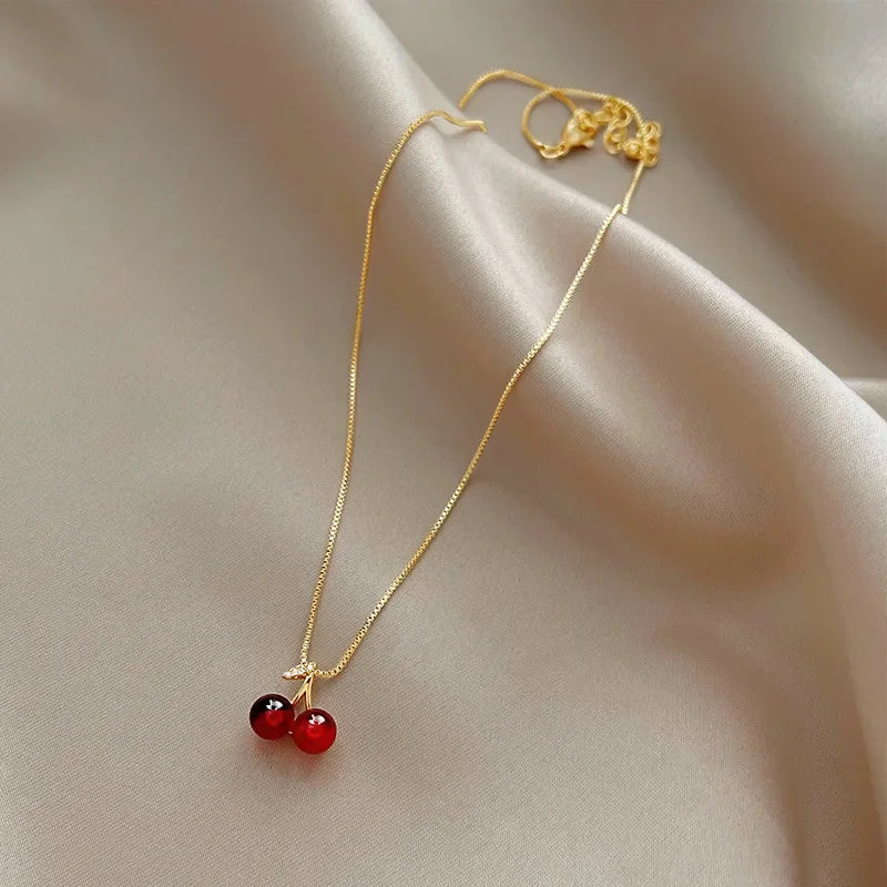 Little Wine Red Cherry Pendant Necklaces For Women